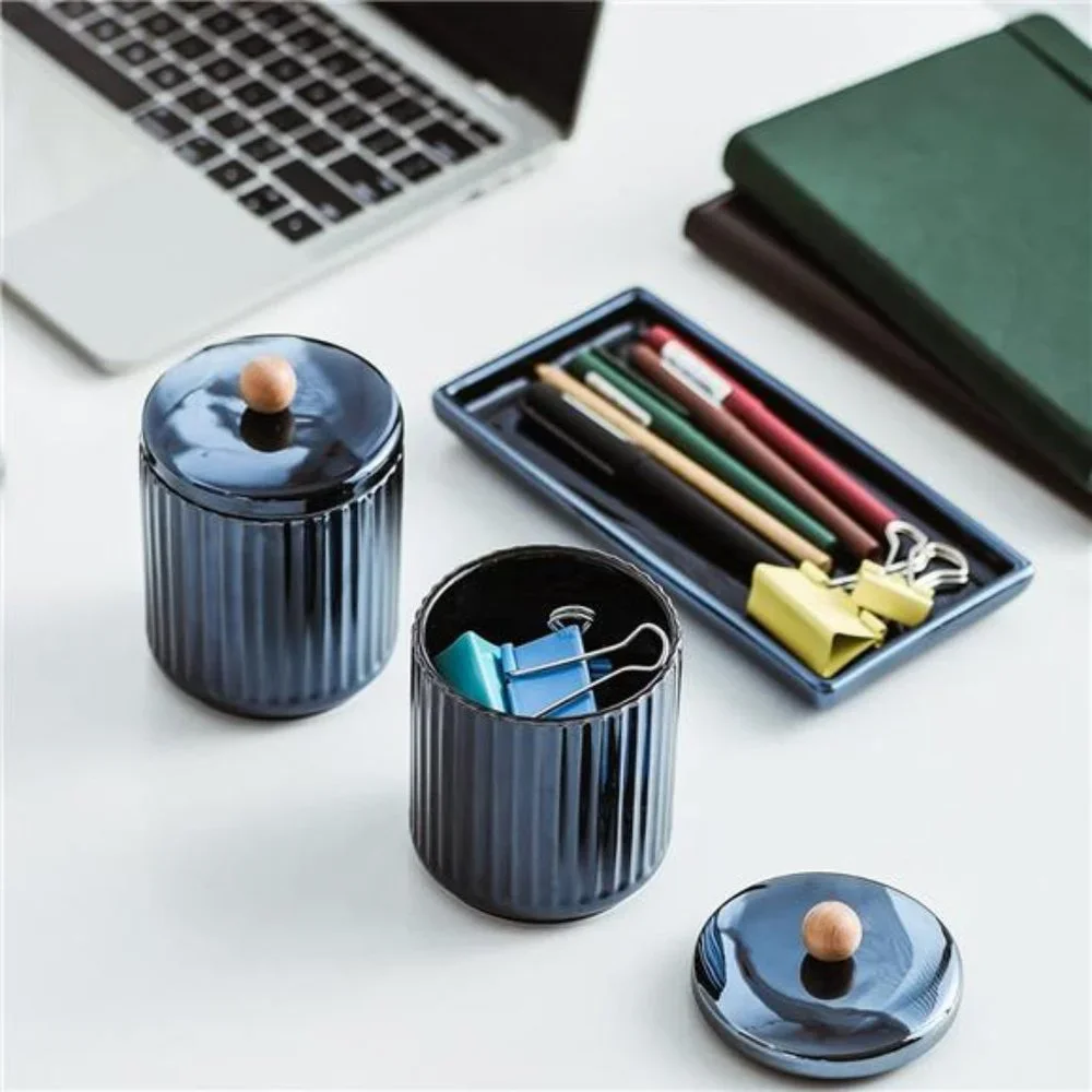 Bathroom Set with Tray(3PCS) - 2 Piece 12 oz Blue Apothecary Jar Canister